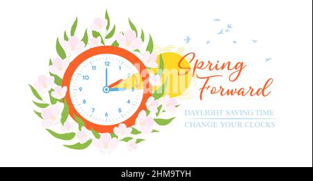 Daylight Saving Time Poster, Banner, Background. Spring Forward concept. Stock Vector