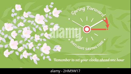 Daylight Saving Time begins. Illustration banner with the clocks moves forward one hour. Change clocks on summer time reminder concept. Vector schedul Stock Vector