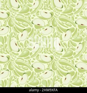 Fruit seamless pattern for textile products, apple pieces with juice splashes, apple smoothie in a flat style. Stock Vector