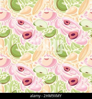 Fruit seamless pattern for textile products, fruit pieces with juice splashes, fruit smoothie in a flat style. Stock Vector