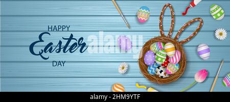 Happy easter banner with colorful eggs, flowers and tempera tubes on wooden background Stock Vector