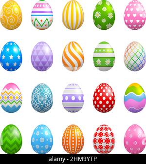 Set of colorful easter eggs with different colors and decorations Stock Vector