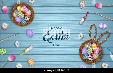 Happy easter poster with colorful eggs, flowers and tempera tubes on wooden background Stock Vector