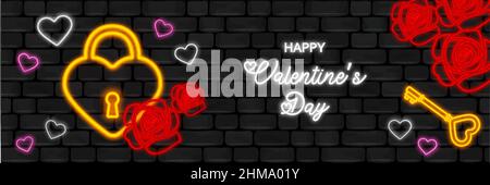 Valentine's day banner with neon elements on black wall background Stock Vector