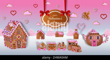 Valentine's day banner with gingerbread cookies. valentine gingerbread landscape Stock Vector