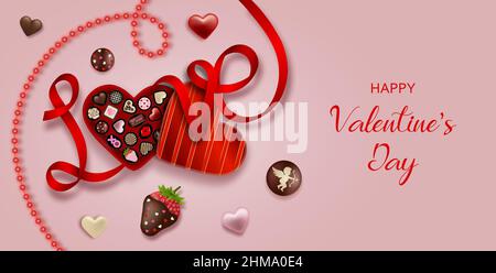 Valentine's day banner with heart shaped chocolate box, chocolates and ribbon Stock Vector