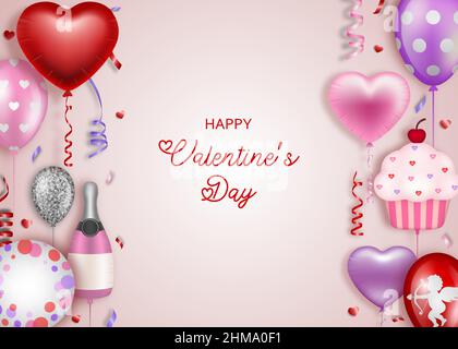 Valentine's day background with colorful balloons, coriandoli and pennants Stock Vector