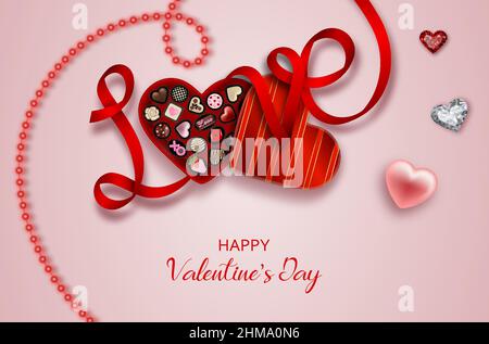 Valentine's day background with chocolates box, red ribbon and hearts Stock Vector
