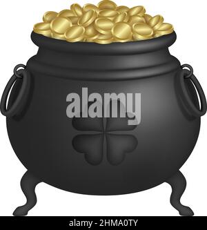 Patrick day cauldron. isolated pot with gold coins Stock Vector