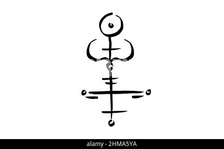 alchemical symbol, sacred sign, ancient mystical cross, black tattoo hand drawn with brush, pagan engraving vector illustration isolated on white Stock Vector