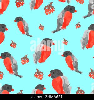 Bullfinches childrens hand drawing pattern seamless. Baby fabric texture Stock Vector