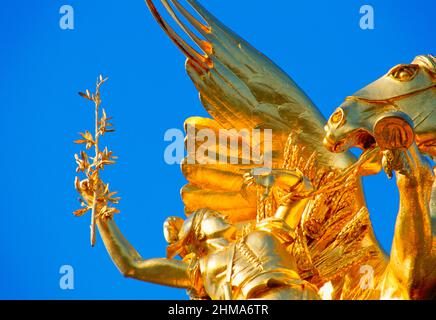 France, Paris, gold leafed statue, on Pont Alexander III Stock Photo