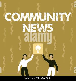 Conceptual caption Community News. Business approach news coverage that typically focuses on city neighborhoods Two Colleagues Holding Lamp Presenting Stock Photo