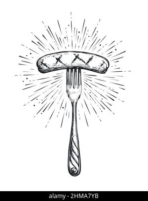 Grilled sausage on fork. Grilled meat hand drawn vector sketch illustration Stock Vector