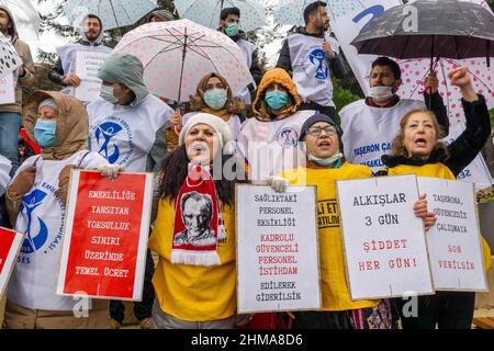 February 8, 2022, Istanbul, Turkey: The Turkish Medical Association and medical chambers organized a strike named 'White Mission/Strike' across Turkey protesting the struggling program titled 'Labor is Our Word, Keep Fighting Until We Get What Is Our Right.' Health workers at Istanbul Capa Medical Faculty marched and made a press statement. In addition to their demands for low salaries, personal rights and the implementation of laws containing violence against health personnel, health workers who wanted Covid 19 to be considered an occupational disease tried to announce their other demands to Stock Photo