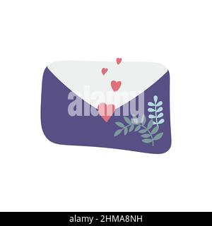 Envelope with hearts and branches with leaves. Spring bouquet of plants. Vector illustration isolated on white background. Valentines day design. Stock Vector