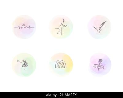 Set of hand drawing watercolor stains with minimalist line drawings. Vector round highlight background covers for popular social media stories. Stock Vector