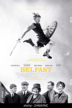 Belfast (2021) directed by Kenneth Branagh and starring Jude Hill, Lewis McAskie and Caitriona Balfe. A young boy and his working-class Belfast family experience the tumultuous late 1960s. Stock Photo
