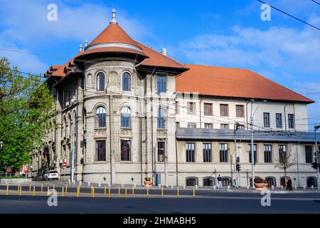 Bucharest, Romania, 24 April 2021: Main historical building of Gheorghe Sincai National College (Colegiul National Gheorghe Sincai) near Tineretului P Stock Photo