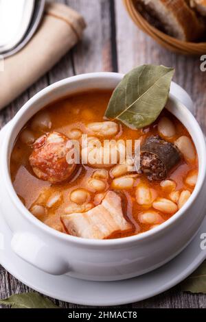 Top view of fabada asturiana, typical spanish bean stew with pork meat Stock Photo