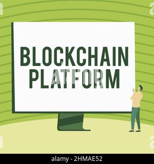 Conceptual display Blockchain Platform. Concept meaning Cryptocurrency digital exchanging on virtual space Man Standing Drawing Looking At Large Stock Photo