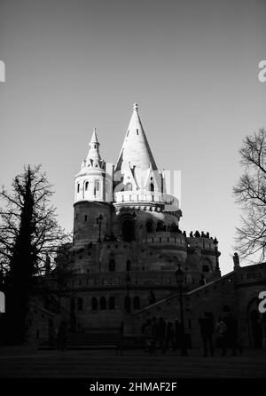 Black and white view on tower of fisherman bastion in sunlight. Buda hill, Budapest, Hungary, Europe travel. Stock Photo