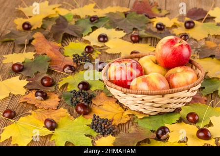 Apples in a wicker basket on wooden table with autumn leaves and chestnuts Stock Photo