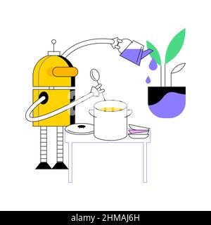 Home robot technology abstract concept vector illustration. Service robotics, real life robots, personal domestic helper, automotive household chores, human effort replacement abstract metaphor. Stock Vector