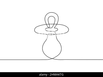 One line drawing baby pacifier, soother. Continuous line Vector illustration isolated on white background. Stock Vector