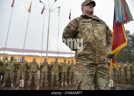 Starychi, Ukraine 2 february 2017. USA instructors  seen during  Opening ceremony of the next stage of training of the Armed Forces units under the program 'Joint Multinational Training Group - Ukraine' (JMTG-U). Stock Photo