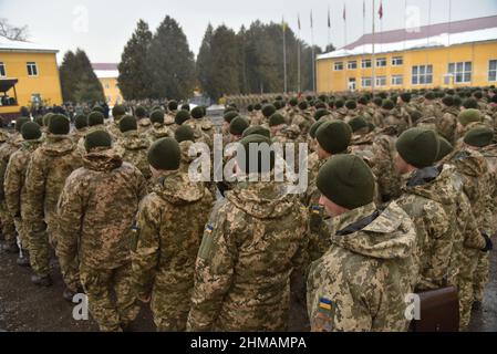 Starychi, Ukraine 2 february 2017. Ukrainian soldiers seen during  Opening ceremony of the next stage of training of the Armed Forces units under the program 'Joint Multinational Training Group - Ukraine' (JMTG-U). Stock Photo