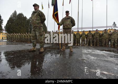 Starychi, Ukraine 2 february 2017. USA instructors  seen during  Opening ceremony of the next stage of training of the Armed Forces units under the program 'Joint Multinational Training Group - Ukraine' (JMTG-U). Stock Photo