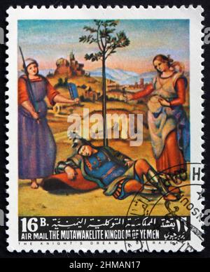 YEMEN - CIRCA 1967: a stamp printed in Yemen shows The knight’s dream, painting by Raffael, Italian painter, circa 1967 Stock Photo