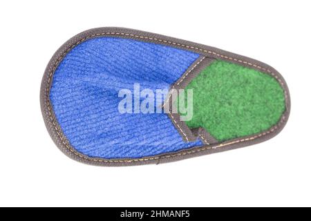 Slippers made of felt have a blue-green color. Isolated over white background. Close-up. Stock Photo