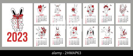 Wall calendar 2023 with cute rabbits. Kid animals print design, 12 months pages  template. Bunny in seasons, in love, with flower and halloween Stock Vector  Image & Art - Alamy