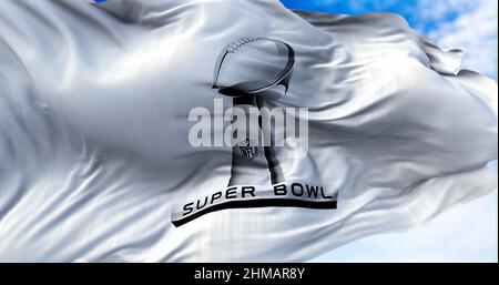 Inglewood, CA, USA, January 2022: The flag of the Super Bowl waving in the wind. The Super Bowl is the annual playoff championship game of the NFL Stock Photo