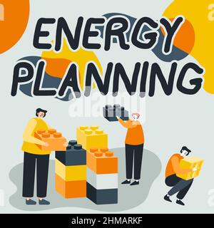 Conceptual display Energy Planning. Word Written on making of a strategy and plan for the consumption of energy Colleagues Displaying Cube Stock Photo