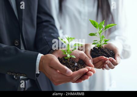 Preserving nature to help it flourish. Shot of two colleagues holding plants. Stock Photo
