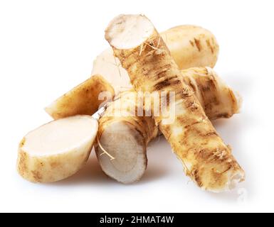 Horseradish roots close up isolated on white background. Stock Photo