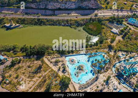 Vista aerea del humedal de La Sauceda y parque de diceversiones y atracciones abandonado, Aerial view of the La Sauceda wetland and abandoned entertainment and amusement park Sauceda y cerro de la antigua cementera, during World Wetlands Day to promote the care and conservation of the biodiversity of ecosystems on February 5, 2022 in Hermosillo, Mexico. (Photo by Luis Gutierrez Norte Photo/) Stock Photo