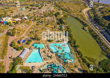 Vista aerea del humedal de La Sauceda y parque de diceversiones y atracciones abandonado, Aerial view of the La Sauceda wetland and abandoned entertainment and amusement park Sauceda y cerro de la antigua cementera, during World Wetlands Day to promote the care and conservation of the biodiversity of ecosystems on February 5, 2022 in Hermosillo, Mexico. (Photo by Luis Gutierrez Norte Photo/) Stock Photo