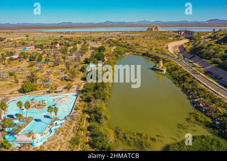 Vista aerea del humedal de La Sauceda y parque de diceversiones y atracciones abandonado y presa Abelardo L Rodriguez, Aerial view of the La Sauceda wetland and the abandoned entertainment and amusement park and Abelardo L Rodriguez dam, during World Wetlands Day to promote the care and conservation of the biodiversity of ecosystems on February 5, 2022 in Hermosillo, Mexico. (Photo by Luis Gutierrez Norte Photo/) Stock Photo