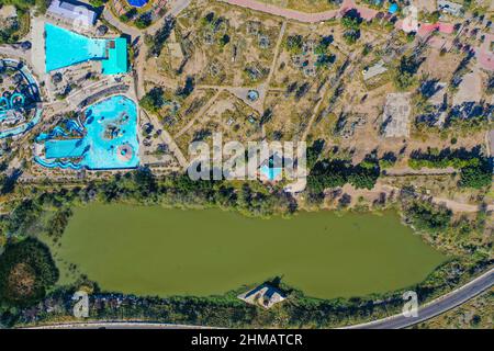 Vista aerea del humedal de La Sauceda y parque de diceversiones y atracciones abandonado, Aerial view of the La Sauceda wetland and abandoned entertainment and amusement park Sauceda y cerro de la antigua cementera, during World Wetlands Day to promote the care and conservation of the biodiversity of ecosystems on February 5, 2022 in Hermosillo, Mexico. (Photo by Luis Gutierrez Norte Photo/) Stock Photo