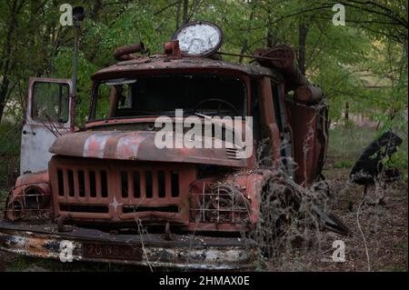 An abandoned fire truck in Pripyat, Ukraine near the Chernobyl Nuclear Power Plant. Stock Photo