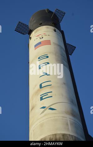 SpaceX Falcon 9 rocket replica adorns the United States pavilion at Expo Dubai in United Arab Emirates - February 1, 2022. Stock Photo