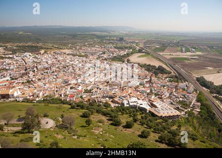 The town of Amodovar del Rio seen from above, Andalucia, Spain, Europe Stock Photo