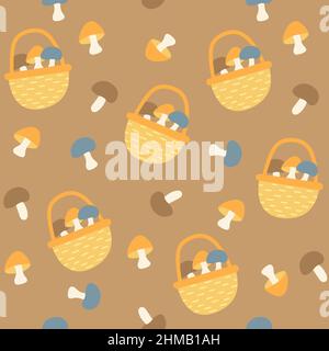 Seamless pattern - hand drawn mushrooms and basket. Vector illustration. Fall endless texture Stock Vector