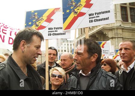 Vienna, Austria. March 23, 2008. Demonstration for referendum against Lisbon Treaty in Vienna. Picture shows Jörg Haider (R), Alliance Future Austria (BZÖ). Inscription 'We patriots against EU chaos' Stock Photo