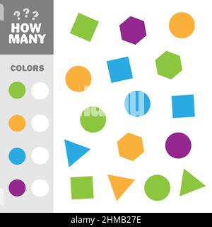 Counting game with simple geometric shapes for kids, educational maths task for development of logical thinking. How many elements with colors Stock Vector