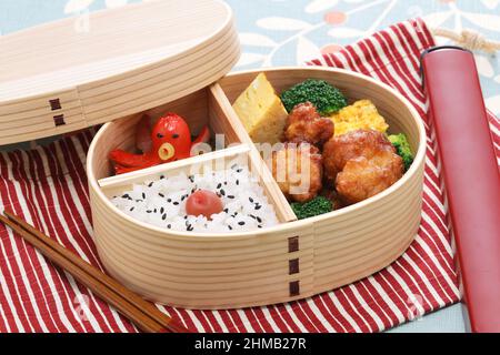 japanese homemade packed lunch in wooden bento box Stock Photo